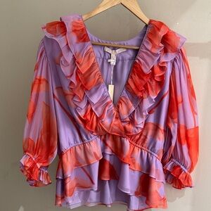 Hutch NWT Floral Ruffle V-Neck Blouse - LAVENDER AND PEACH